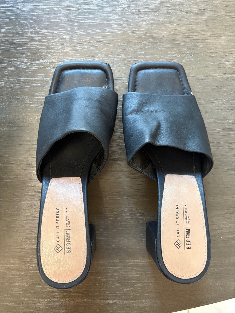 Call It Spring Black Faux-Leather Square Slide Mules